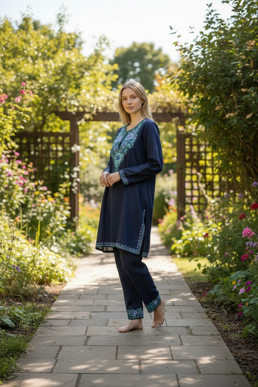 Kashmiri Cotton Co ord set Kurta Set for women (S) | Blue-2