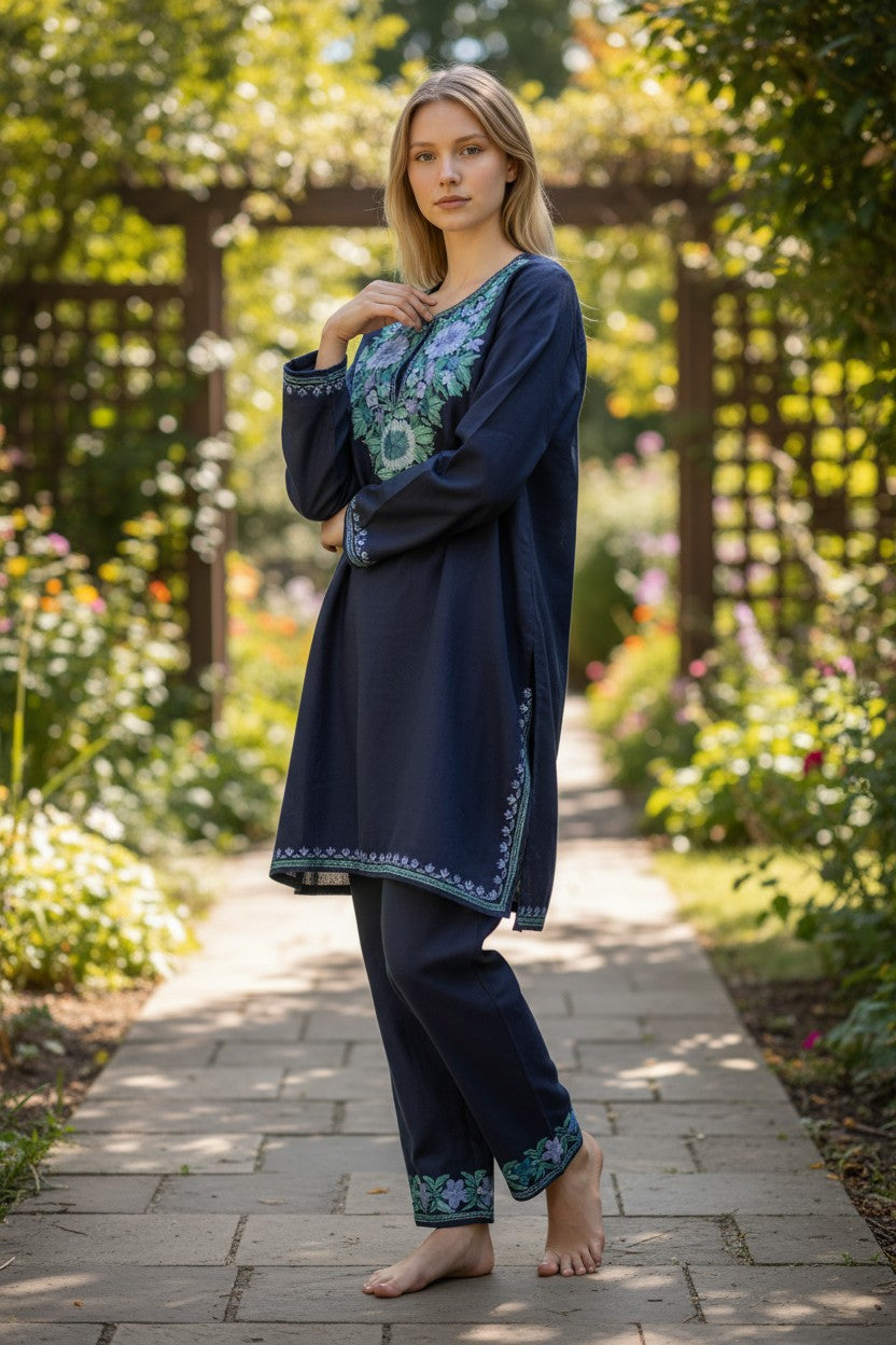 Kashmiri Cotton Co ord set Kurta Set for women (S) | Blue-2
