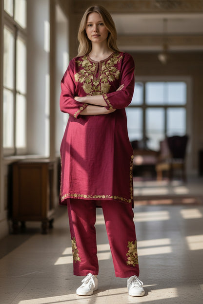 Kashmiri Cotton Co ord set Kurta Set for women (M) |  Maroon-1