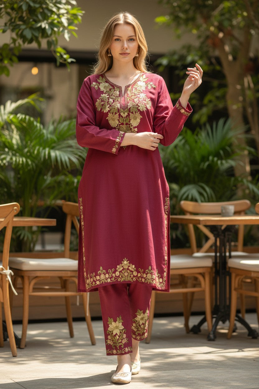 Kashmiri Cotton Co ord set Kurta Set for women (M) |  Maroon-1