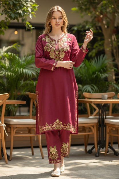 Kashmiri Cotton Co ord set Kurta Set for women (M) |  Maroon-1