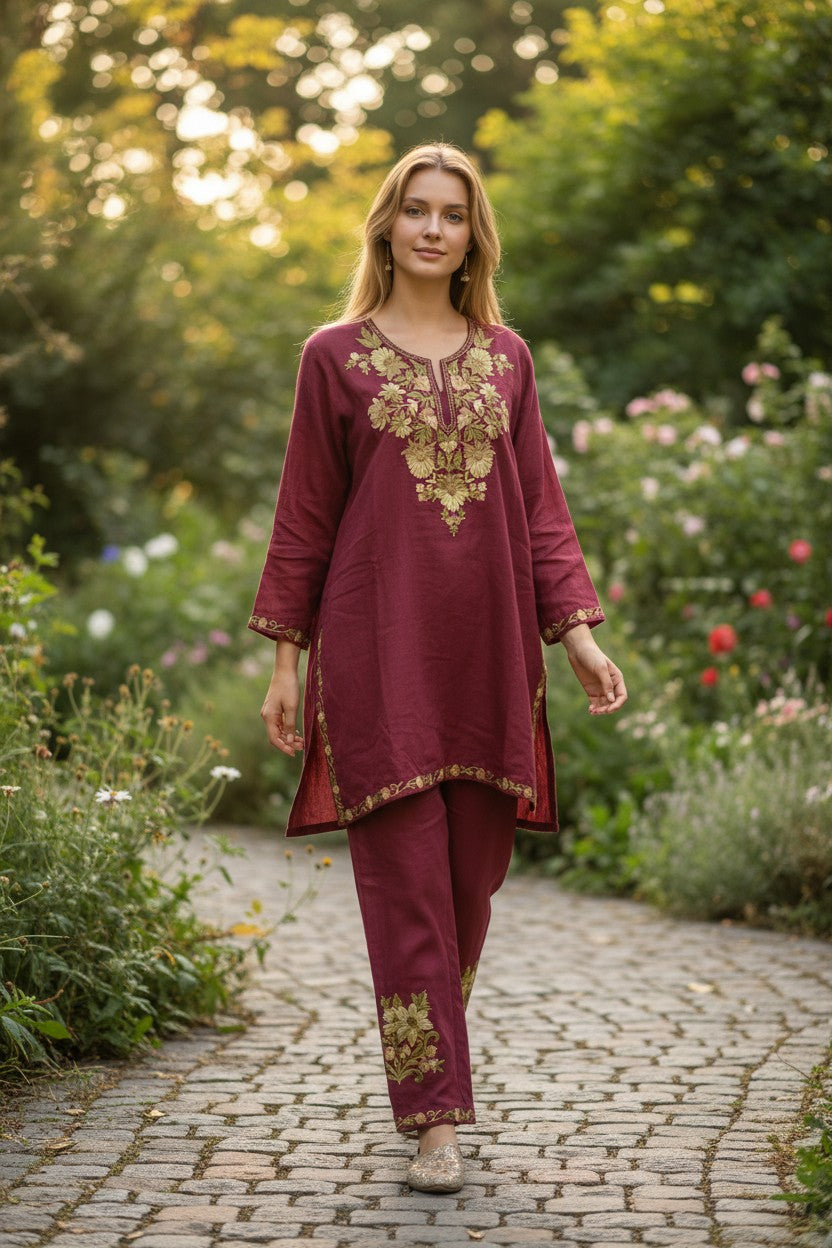Kashmiri Cotton Co ord set Kurta Set for women (M) |  Maroon-1