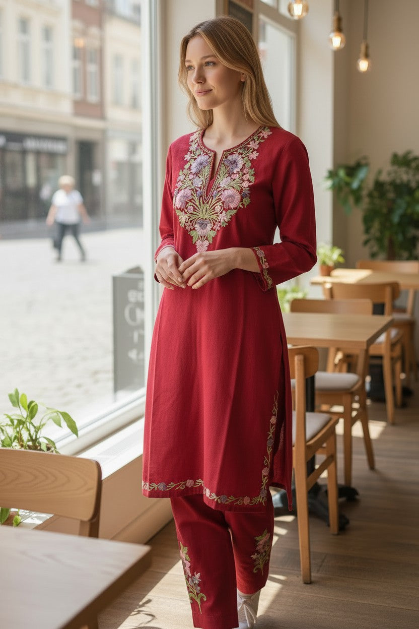 Kashmiri Cotton Co ord set Kurta Set for women (M) |  Maroon-2