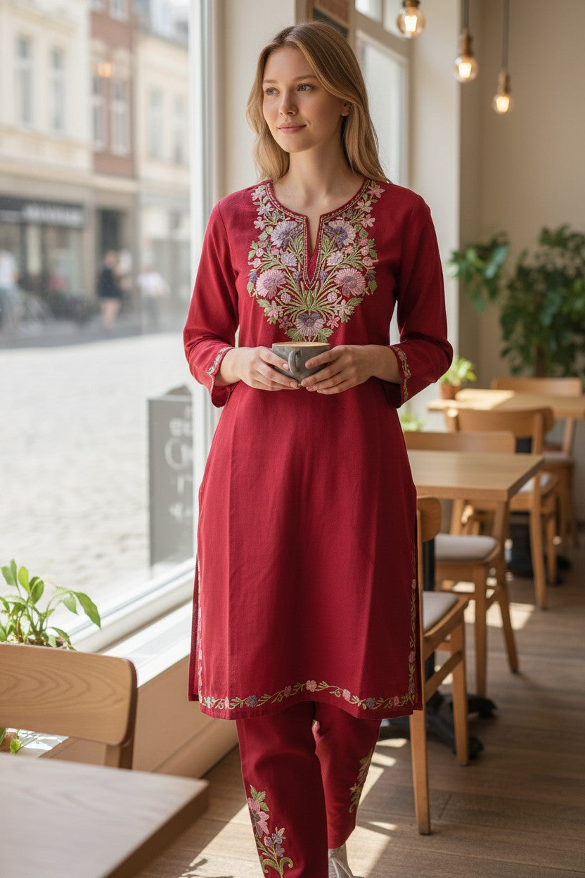 Kashmiri Cotton Co ord set Kurta Set for women (M) |  Maroon-2