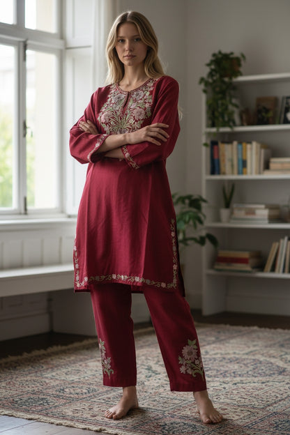 Kashmiri Cotton Co ord set Kurta Set for women (M) |  Maroon-2