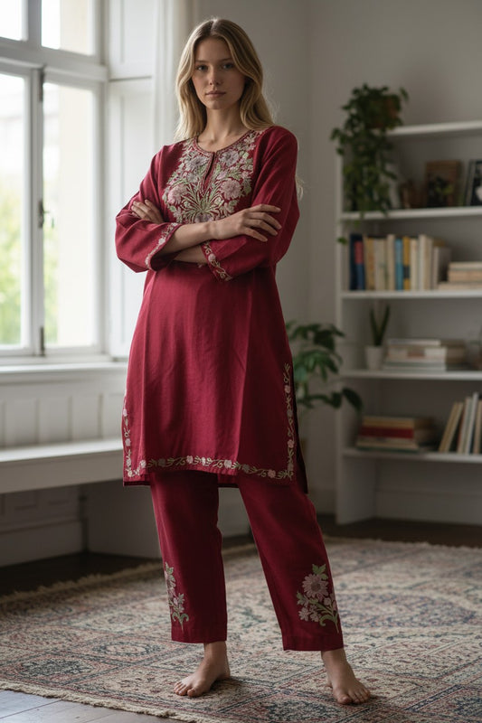 Kashmiri Cotton Co ord set Kurta Set for women (M) |  Maroon-2