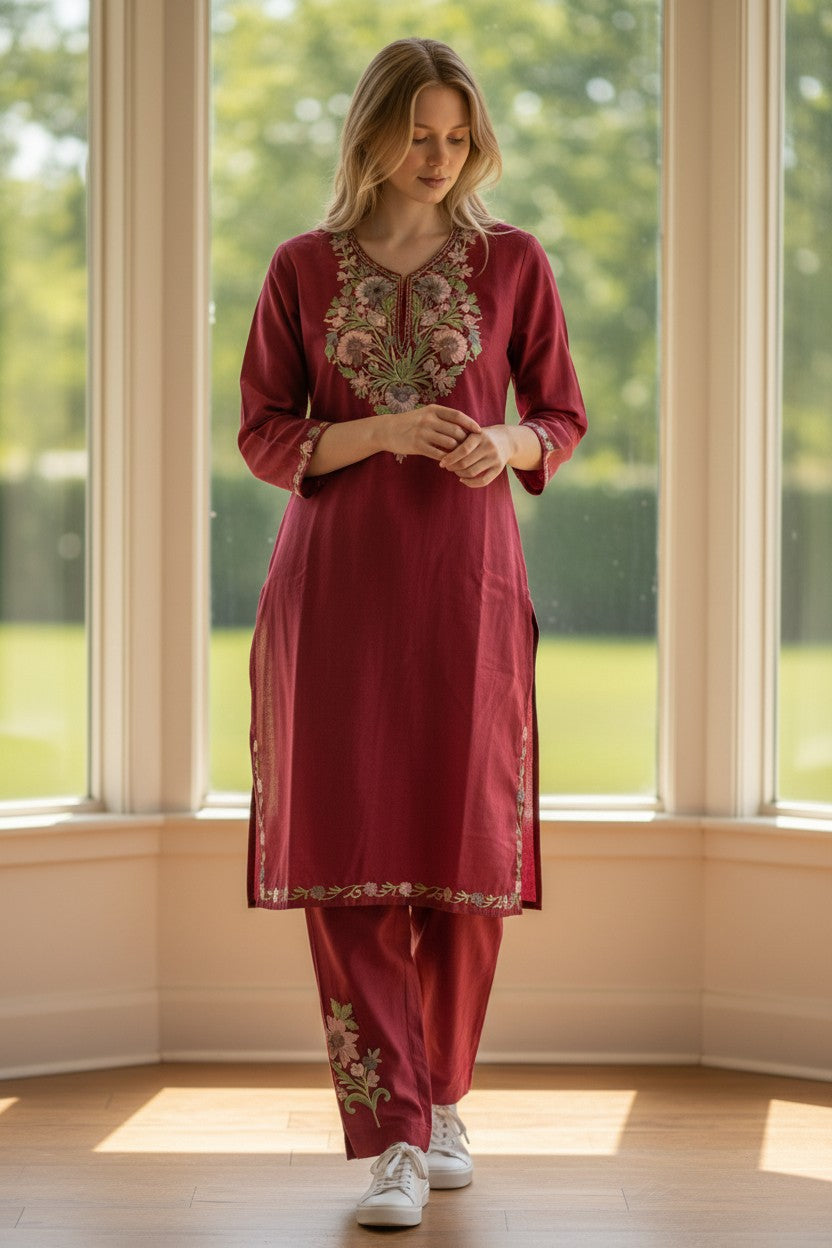 Kashmiri Cotton Co ord set Kurta Set for women (M) |  Maroon-2