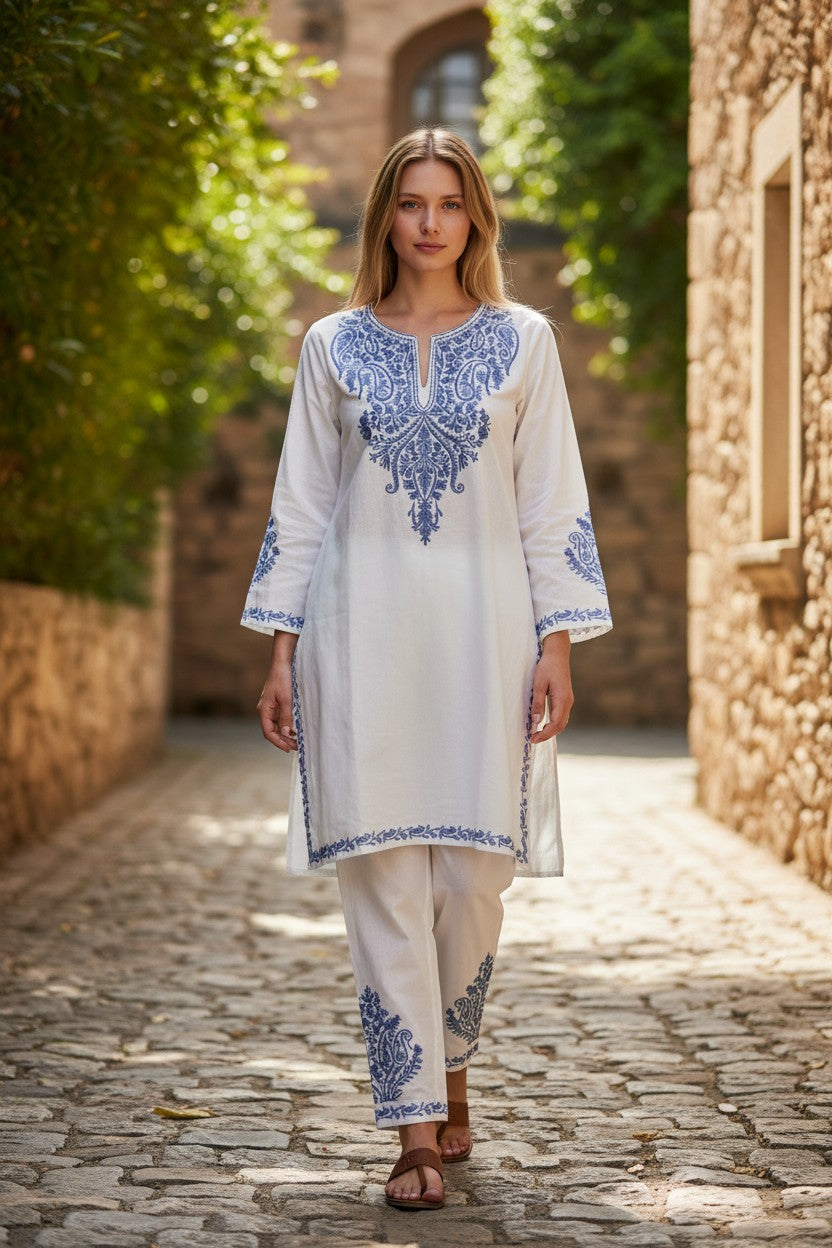 Kashmiri Cotton Co ord set Kurta Set for women (L) |  White-1