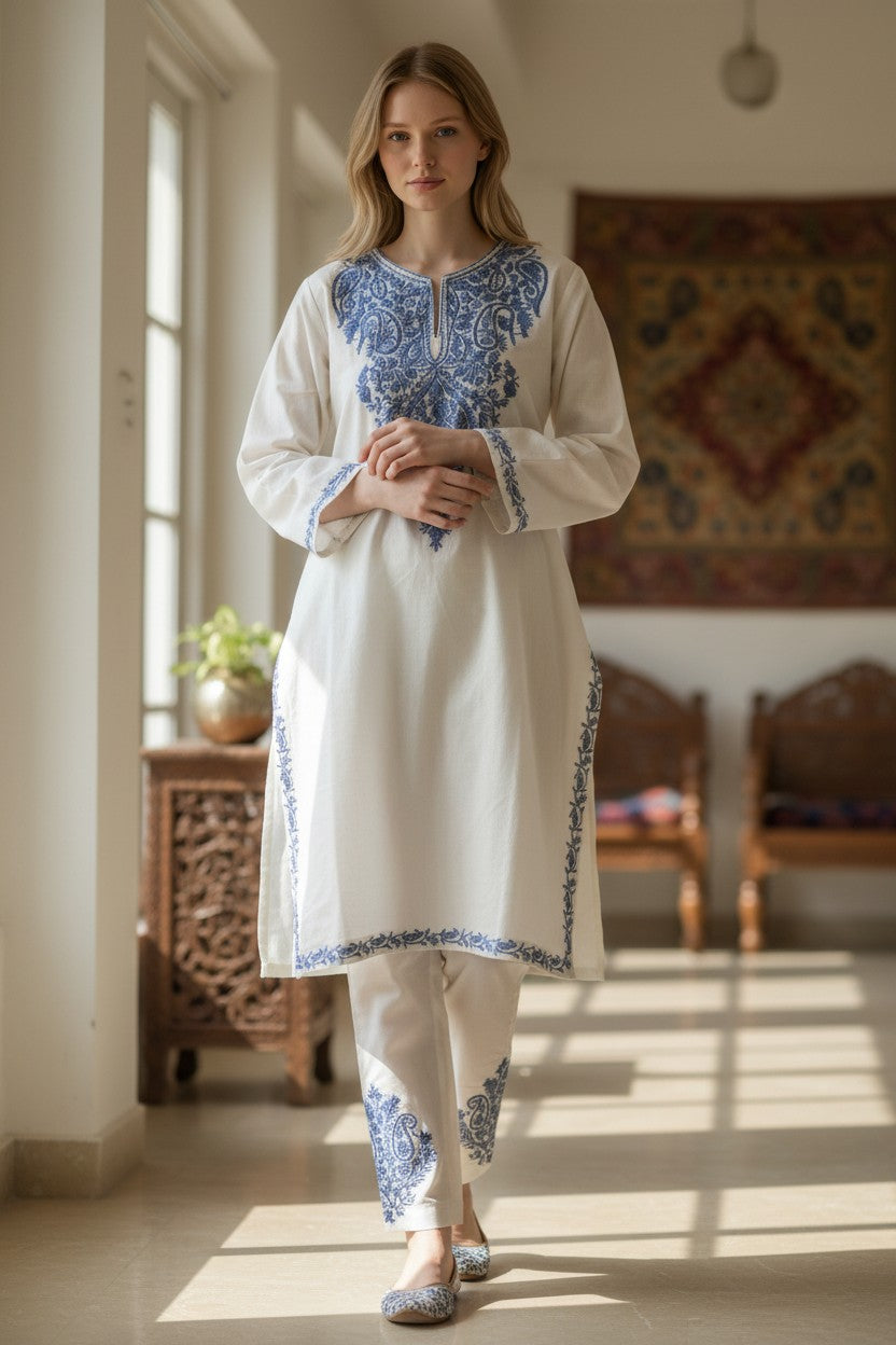 Kashmiri Cotton Co ord set Kurta Set for women (L) |  White-1