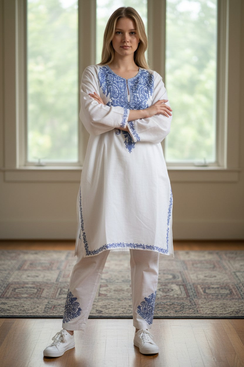 Kashmiri Cotton Co ord set Kurta Set for women (L) |  White-1
