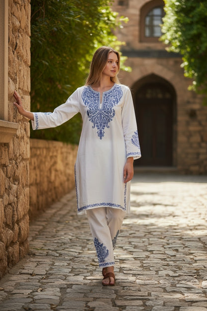 Kashmiri Cotton Co ord set Kurta Set for women (L) |  White-1