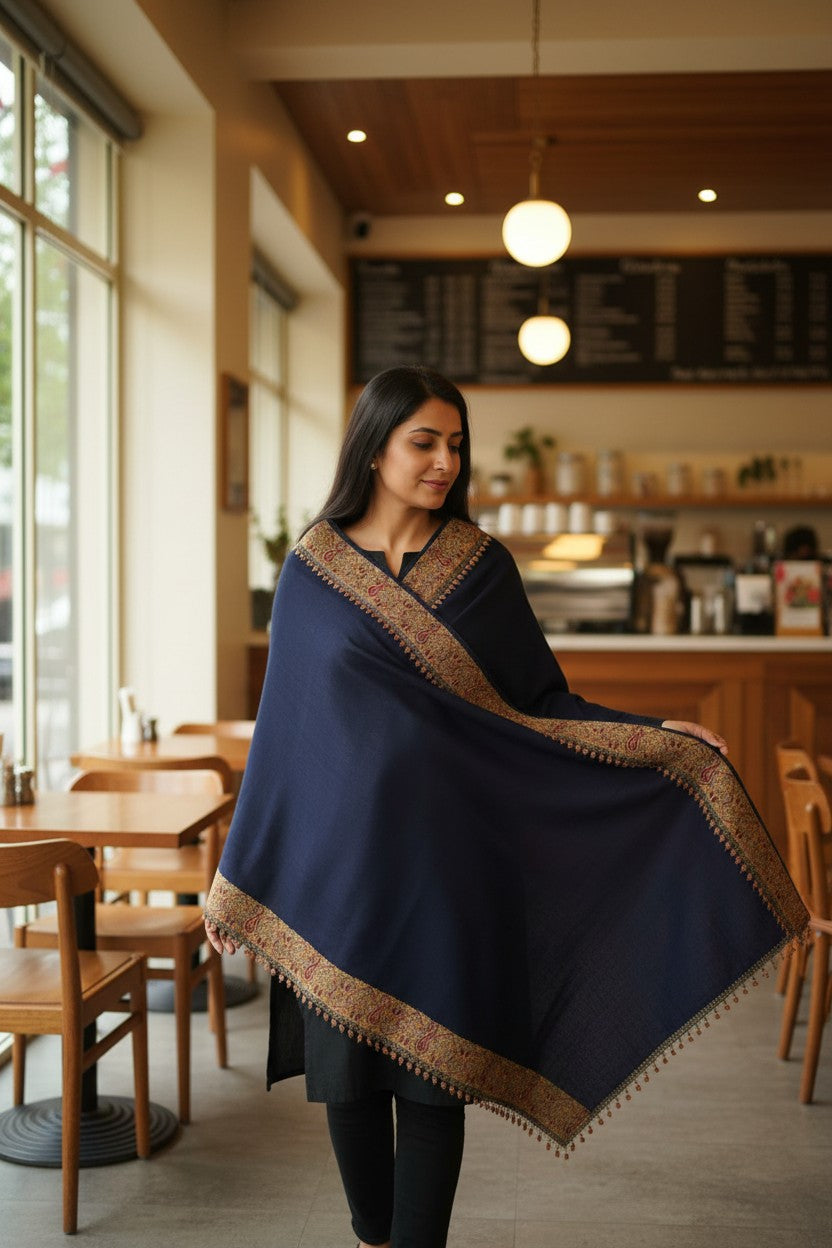 Kashmiri Pashmina shawl with Sozni Embroidery | Elegant Winter Wrap | Traditional Ethnic Wear for Women - Black