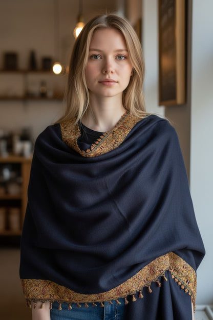 Kashmiri Pashmina shawl with Sozni Embroidery | Elegant Winter Wrap | Traditional Ethnic Wear for Women - Black