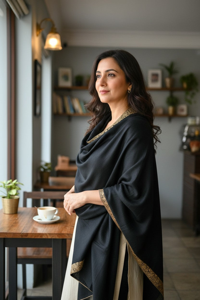 Kashmiri Pashmina shawl with Sozni Embroidery | Elegant Winter Wrap | Traditional Ethnic Wear for Women - Black