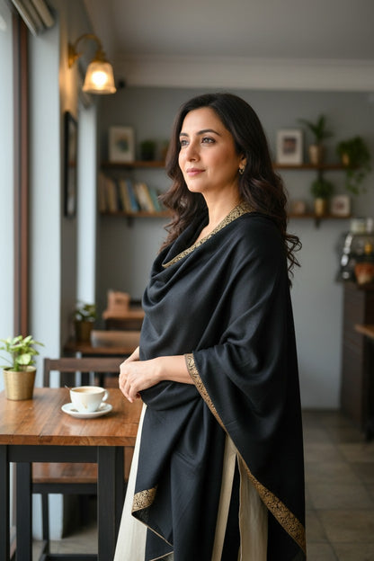 Kashmiri Pashmina shawl with Sozni Embroidery | Elegant Winter Wrap | Traditional Ethnic Wear for Women - Black