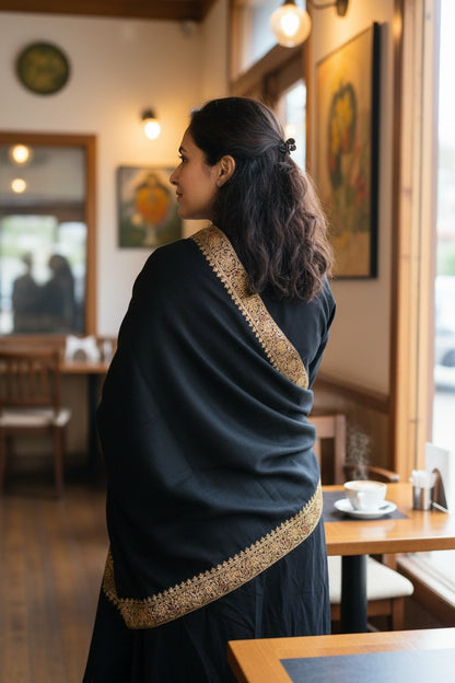 Kashmiri Pashmina shawl with Sozni Embroidery | Elegant Winter Wrap | Traditional Ethnic Wear for Women - Black