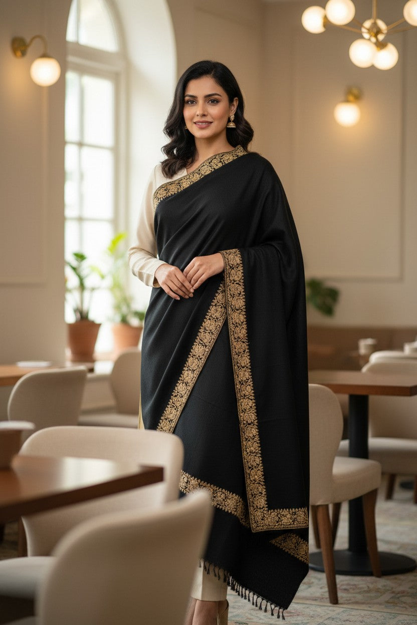 Kashmiri Pashmina shawl with Sozni Embroidery | Elegant Winter Wrap | Traditional Ethnic Wear for Women - Black