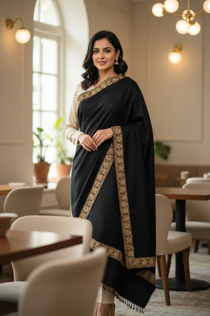 Kashmiri Pashmina shawl with Sozni Embroidery | Elegant Winter Wrap | Traditional Ethnic Wear for Women - Black