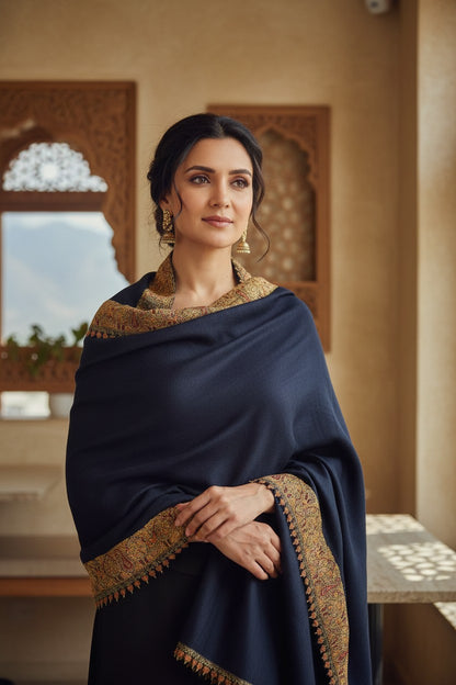 Kashmiri Pashmina shawl with Sozni Embroidery | Elegant Winter Wrap | Traditional Ethnic Wear for Women - Black