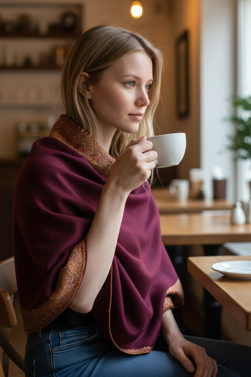 Kashmiri Pashmina shawl with Sozni Embroidery | Elegant Winter Wrap | Traditional Ethnic Wear for Women - Maroon