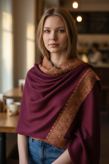 Kashmiri Pashmina shawl with Sozni Embroidery | Elegant Winter Wrap | Traditional Ethnic Wear for Women - Maroon