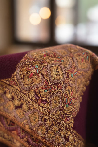 Kashmiri Pashmina shawl with Sozni Embroidery | Elegant Winter Wrap | Traditional Ethnic Wear for Women - Maroon