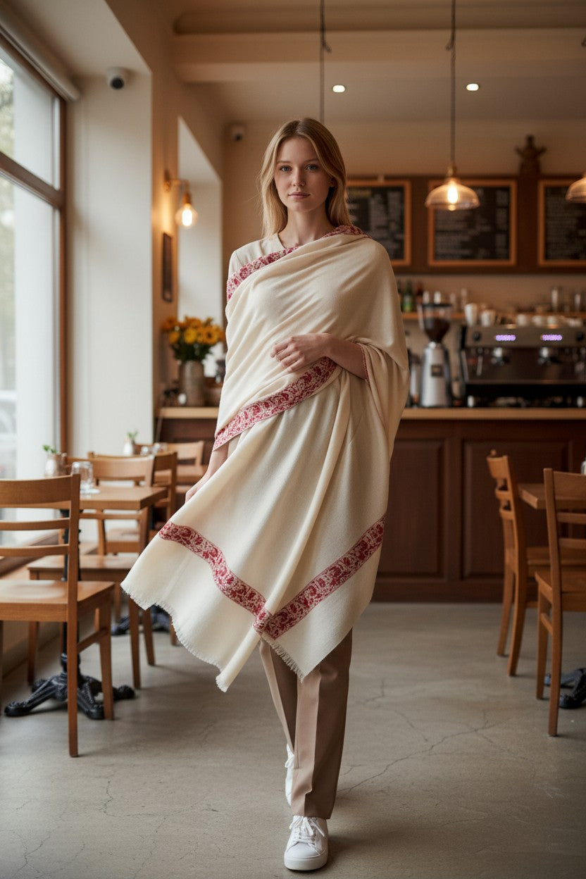 Kashmiri Pashmina shawl with Sozni Embroidery | Elegant Winter Wrap | Traditional Ethnic Wear for Women - White