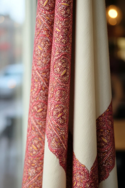 Kashmiri Pashmina shawl with Sozni Embroidery | Elegant Winter Wrap | Traditional Ethnic Wear for Women - White