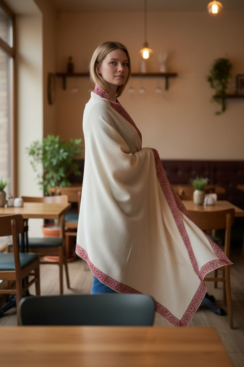 Kashmiri Pashmina shawl with Sozni Embroidery | Elegant Winter Wrap | Traditional Ethnic Wear for Women - White