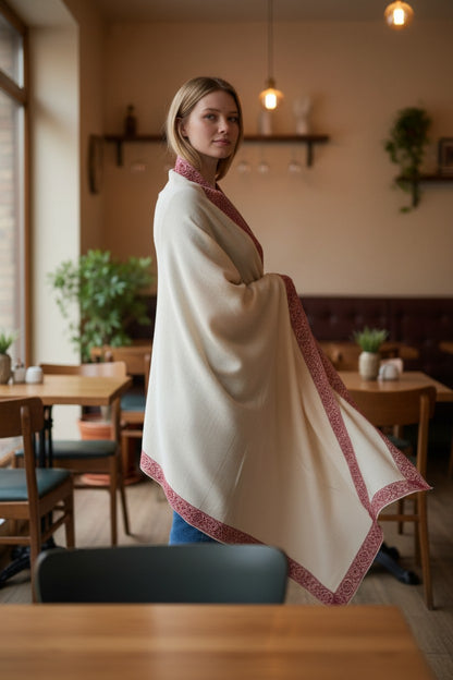 Kashmiri Pashmina shawl with Sozni Embroidery | Elegant Winter Wrap | Traditional Ethnic Wear for Women - White