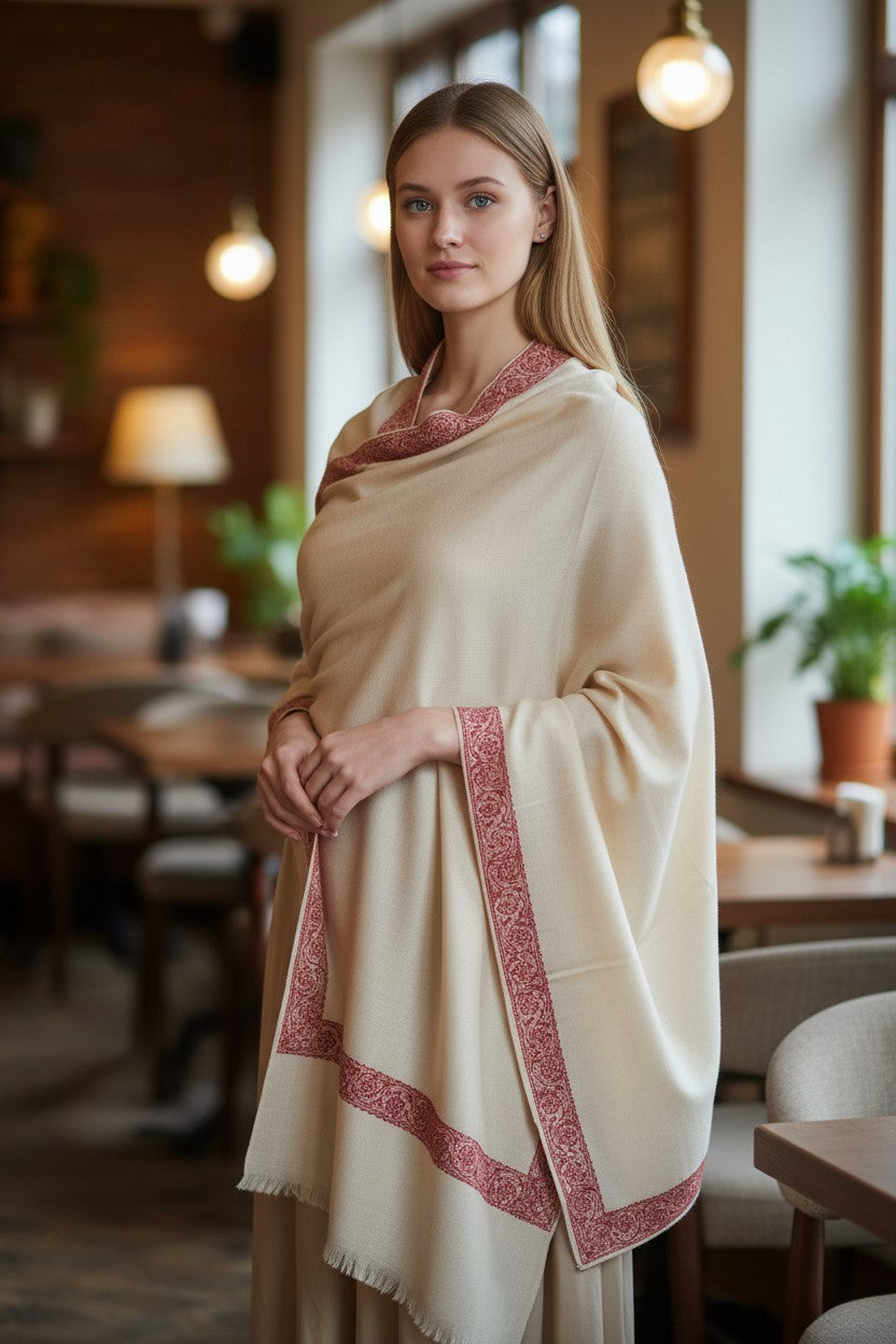 Kashmiri Pashmina shawl with Sozni Embroidery | Elegant Winter Wrap | Traditional Ethnic Wear for Women - White