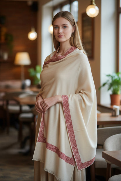 Kashmiri Pashmina shawl with Sozni Embroidery | Elegant Winter Wrap | Traditional Ethnic Wear for Women - White