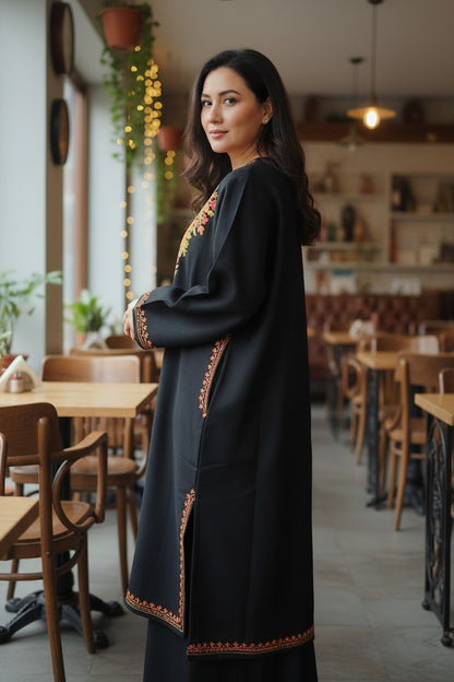 Kashmiri Woolen Pheran with Traditional Aari Embroidery - Black