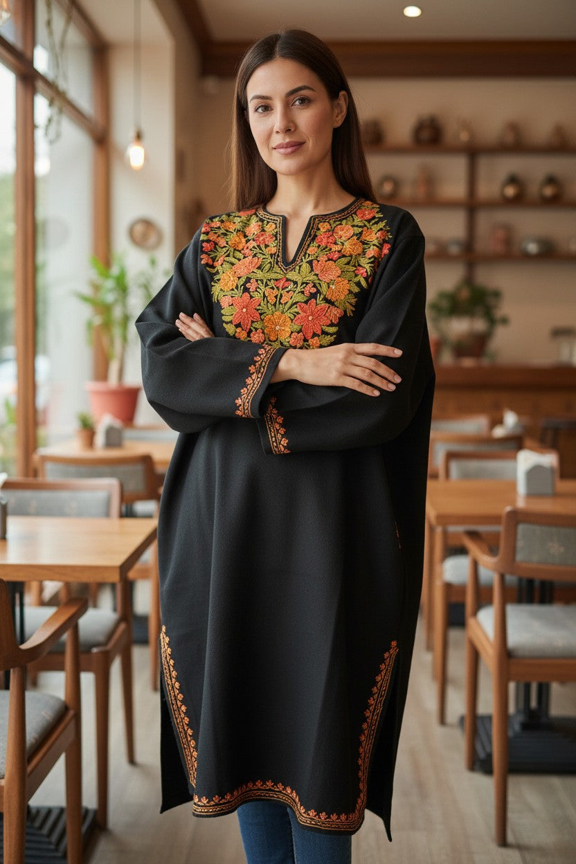 Kashmiri Woolen Pheran with Traditional Aari Embroidery - Black