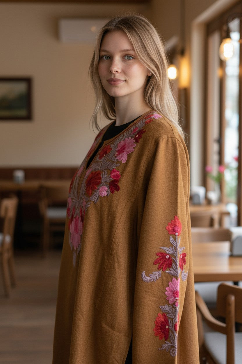 Kashmiri Woolen Pheran with Traditional Aari Embroidery | Hand Made (Peach, 6XL)