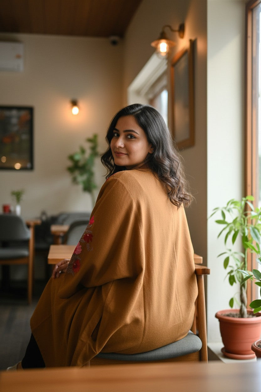 Kashmiri Woolen Pheran with Traditional Aari Embroidery | Hand Made (Peach, 6XL)