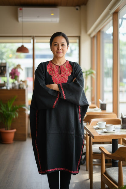 Kashmiri Woolen Pheran with Traditional Aari Embroidery | Hand Made (Black5, 6XL)