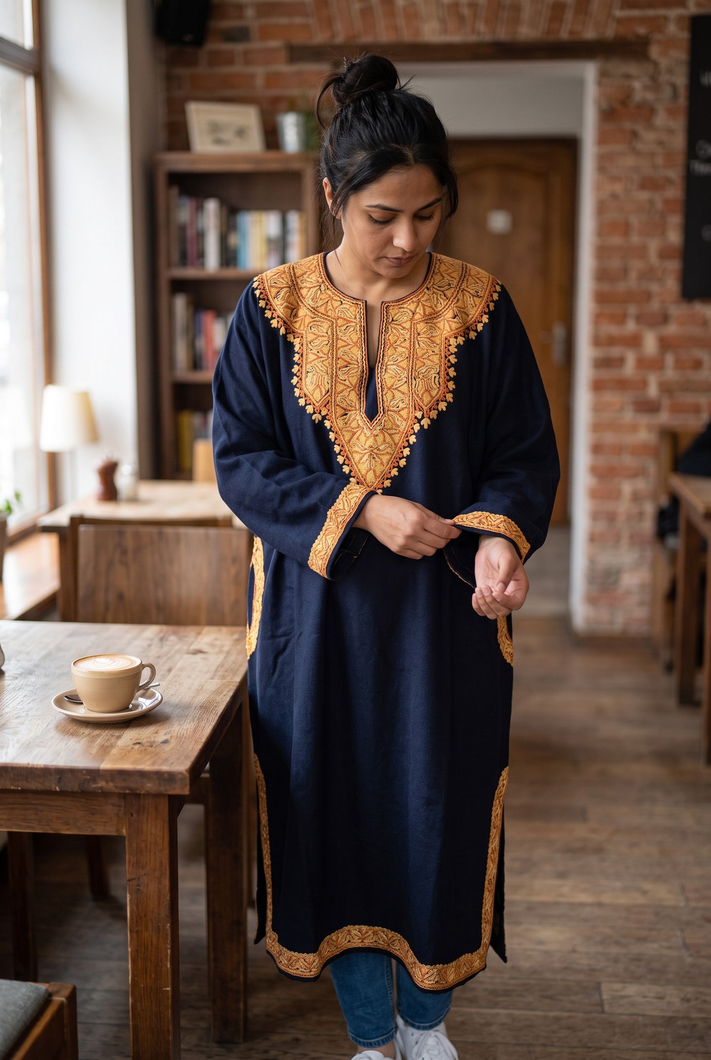 Kashmiri Woolen Pheran with Traditional Aari Embroidery | Hand Made (Blue3, 5XL)