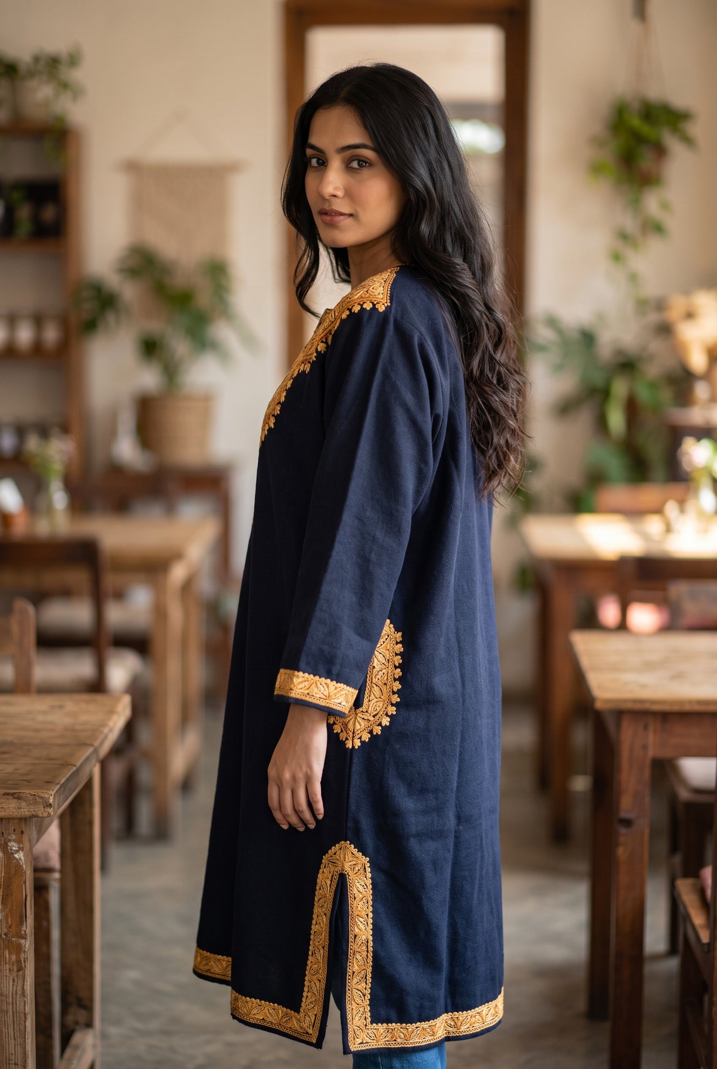 Kashmiri Woolen Pheran with Traditional Aari Embroidery | Hand Made (Blue3, 5XL)