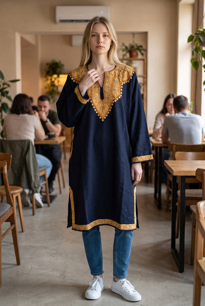 Kashmiri Woolen Pheran with Traditional Aari Embroidery | Hand Made (Blue3, 5XL)