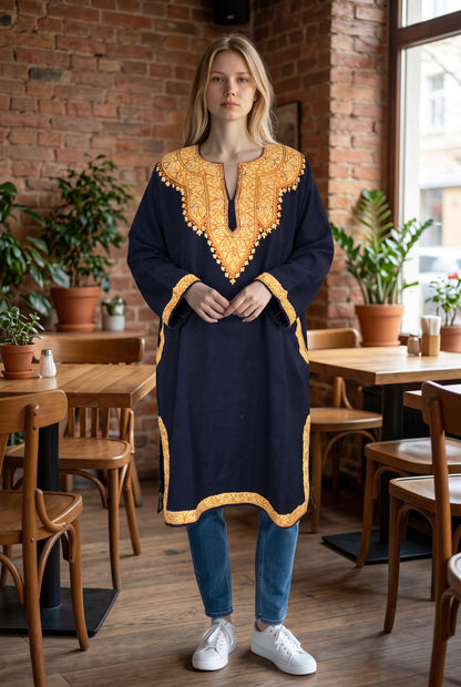 Kashmiri Woolen Pheran with Traditional Aari Embroidery | Hand Made (Blue3, 5XL)