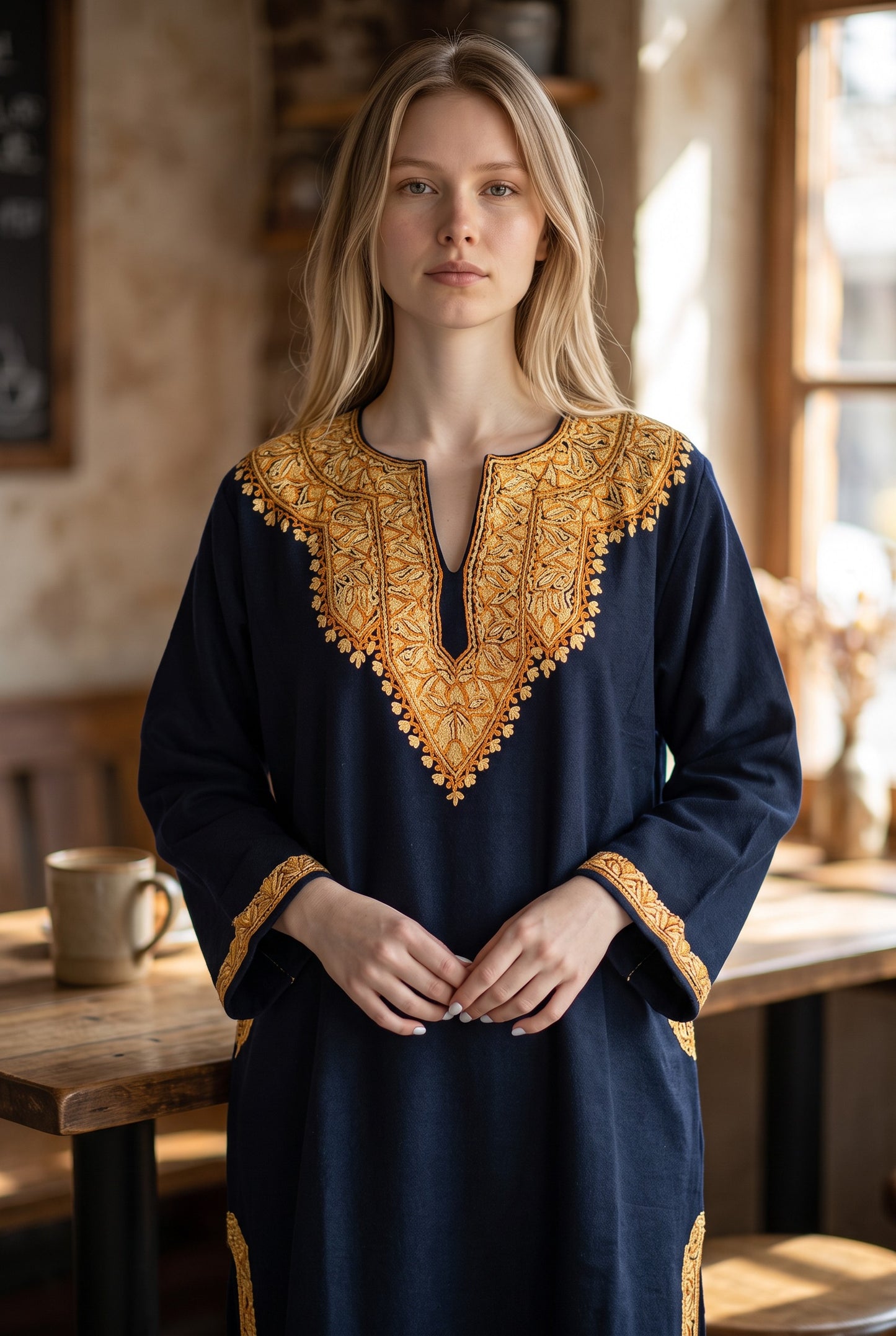Kashmiri Woolen Pheran with Traditional Aari Embroidery | Hand Made (Blue3, 5XL)