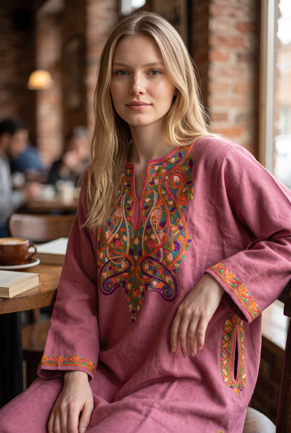 Kashmiri Woolen Pheran with Traditional Aari Embroidery | Hand Made (Pink2, 5XL)