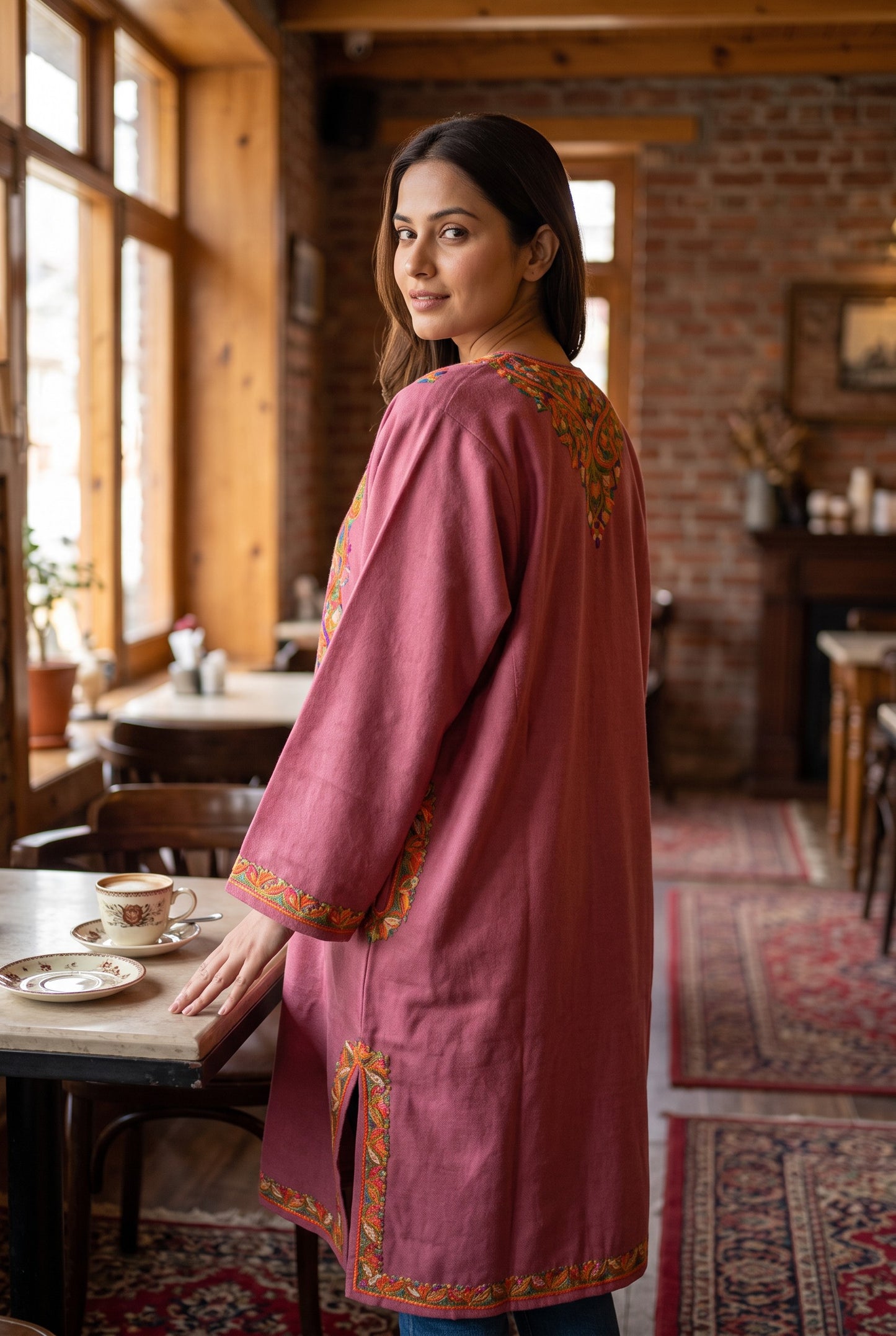 Kashmiri Woolen Pheran with Traditional Aari Embroidery | Hand Made (Pink2, 5XL)