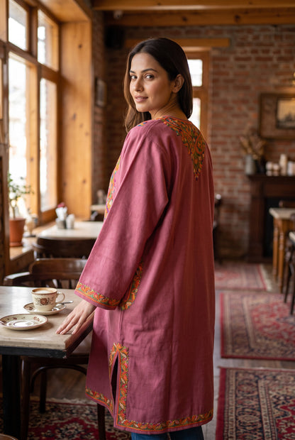 Kashmiri Woolen Pheran with Traditional Aari Embroidery | Hand Made (Pink2, 5XL)