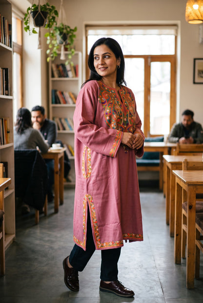 Kashmiri Woolen Pheran with Traditional Aari Embroidery | Hand Made (Pink2, 5XL)