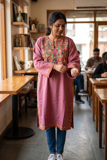 Kashmiri Woolen Pheran with Traditional Aari Embroidery | Hand Made (Pink2, 5XL)