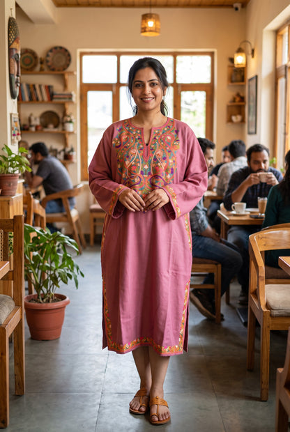 Kashmiri Woolen Pheran with Traditional Aari Embroidery | Hand Made (Pink2, 5XL)