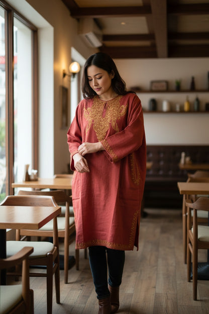 Kashmiri Woolen Pheran with Traditional Aari Embroidery | Hand Made (Pink3, 6XL)