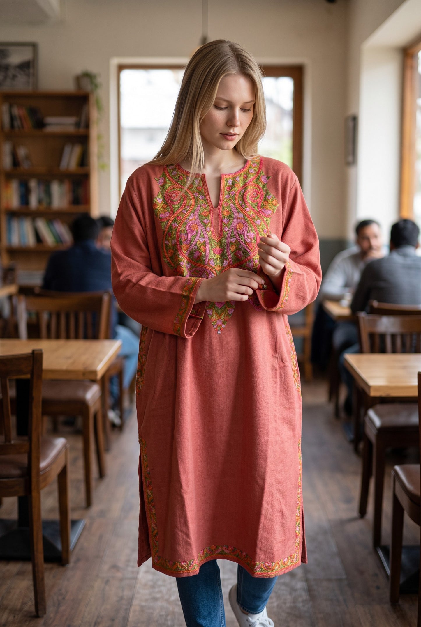 Kashmiri Woolen Pheran with Traditional Aari Embroidery | Hand Made (Pink, 5XL)